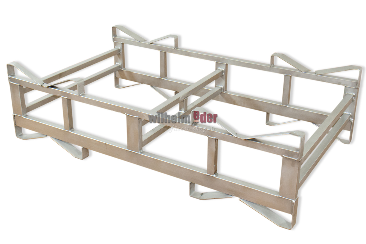 Supports combinés "Fabriqué en Allemagne" en inox pour 2 fûts de 500 l, verre sablé